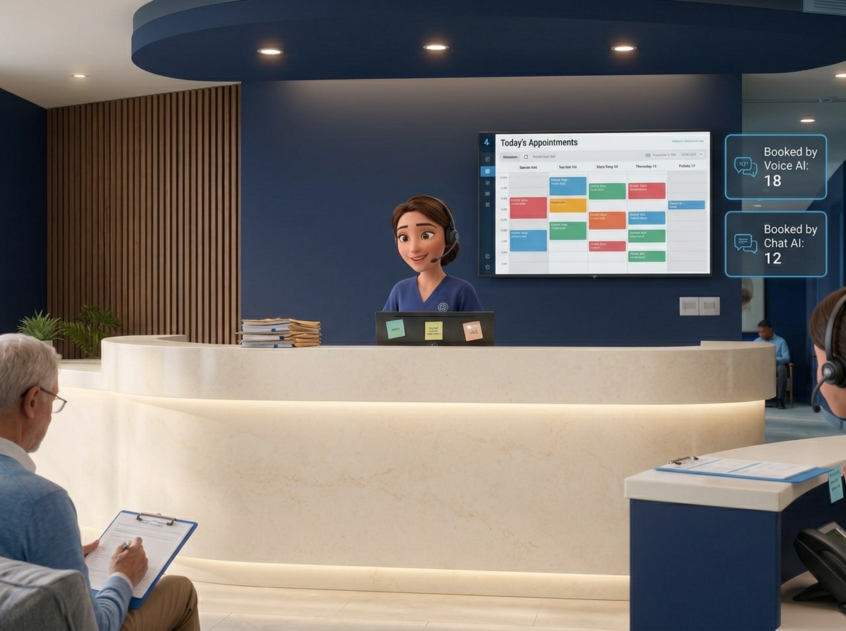 Busy navy clinic front desk with a wall calendar showing appointments booked by Voice AI and Chat AI