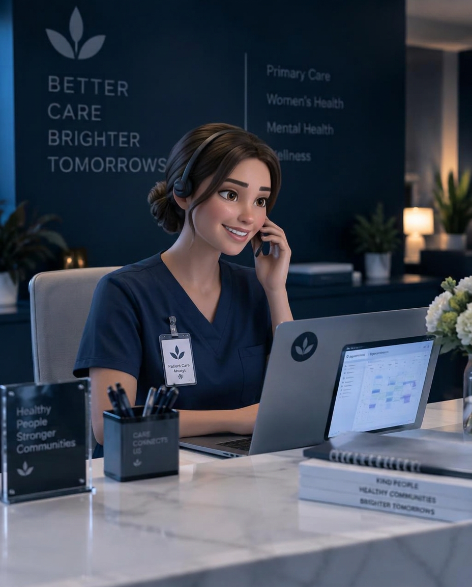 Front-desk nurse with a headset answering a patient call and booking an appointment